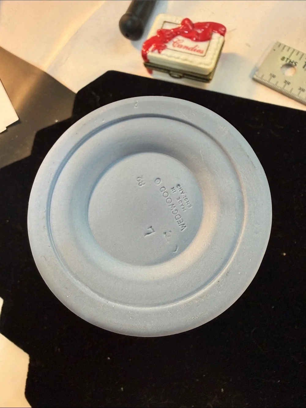 Wedgwood Blue Jasperware Urn vase with Cherub Reliefs Guc 3.25” x 2.5”